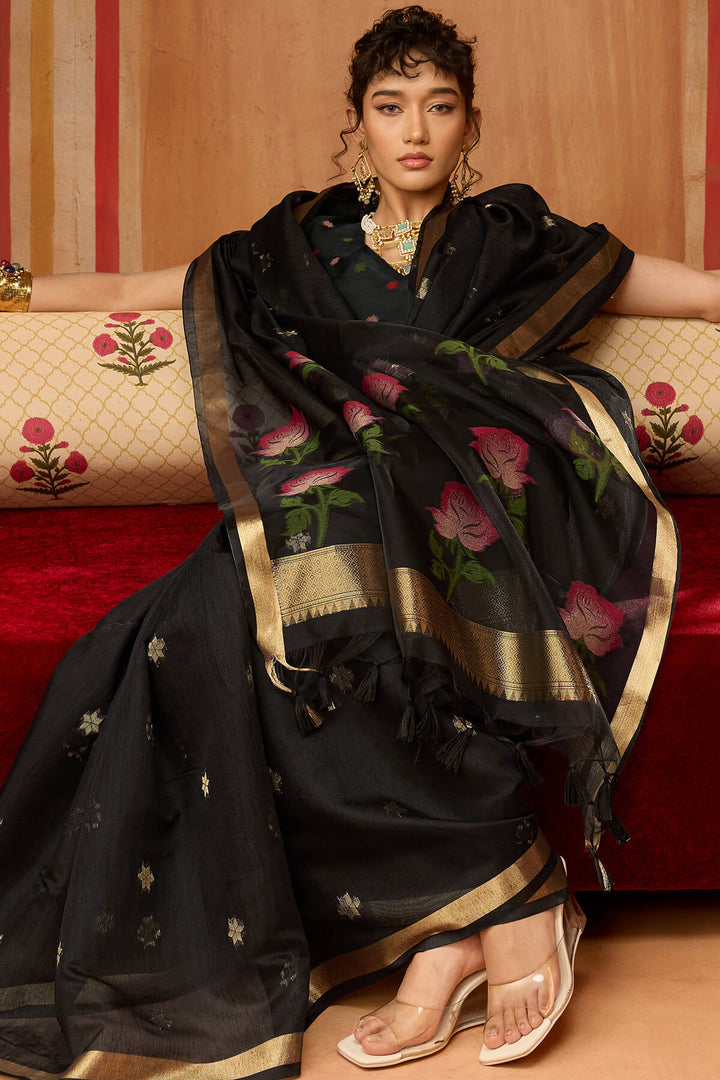 Onyx Black Handloom Munga Cotton Saree