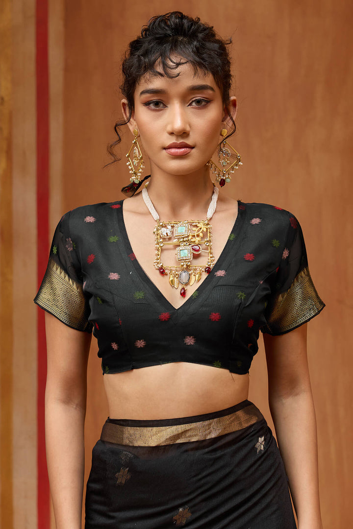 Onyx Black Handloom Munga Cotton Saree