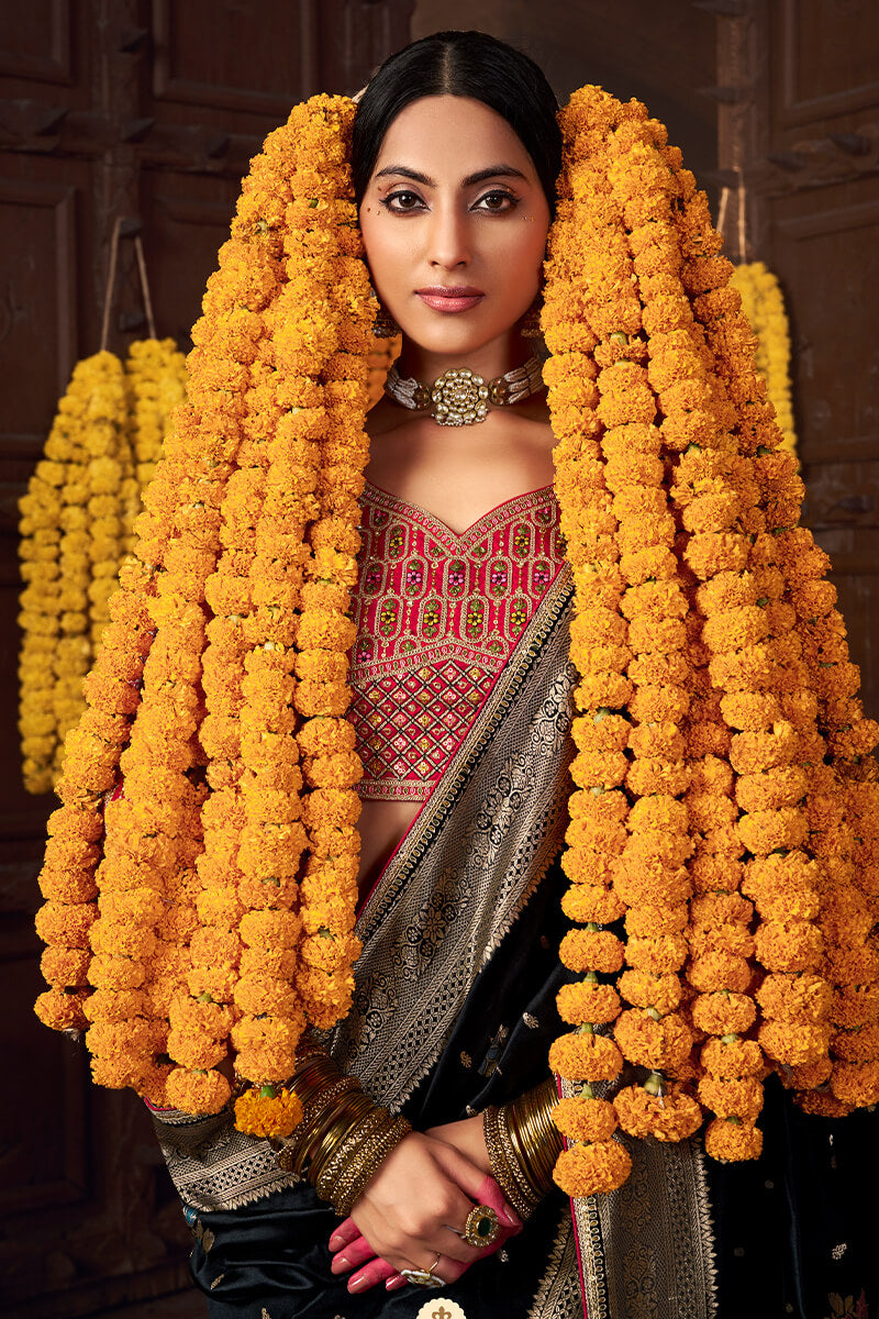 Onyx Black Pure Silk Saree With Embroidery Blouse