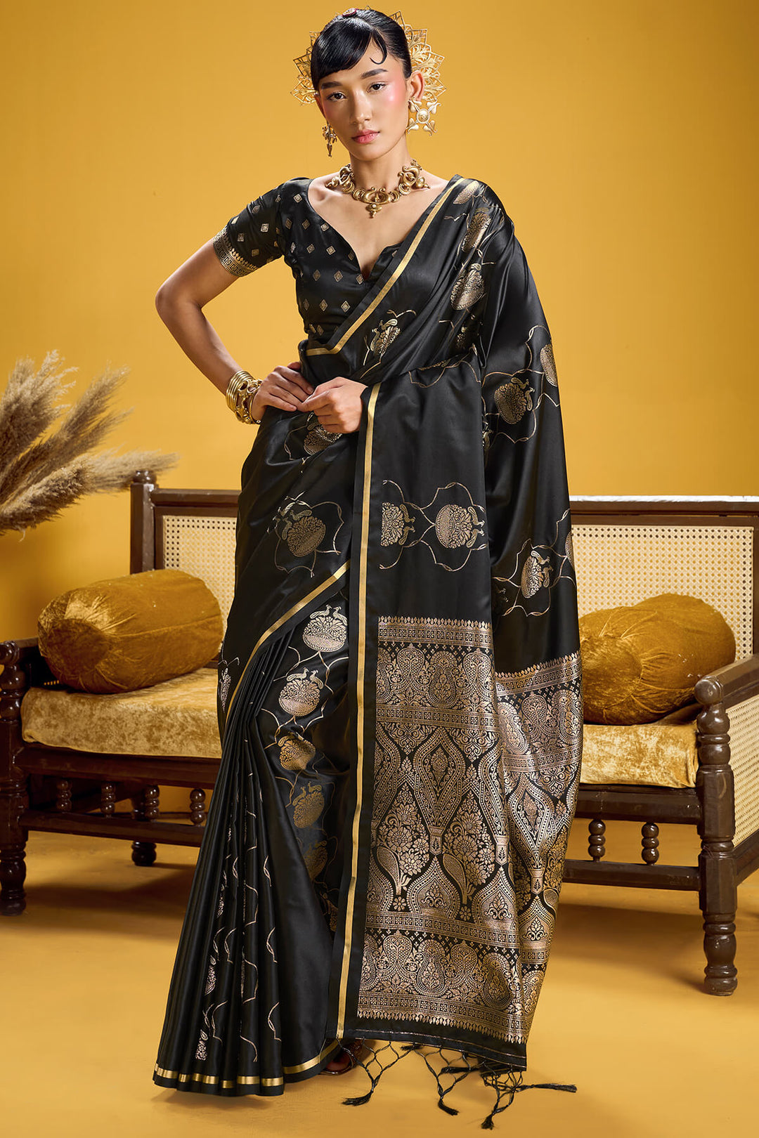 Onyx Black Zari Woven Banarasi Satin Silk Saree