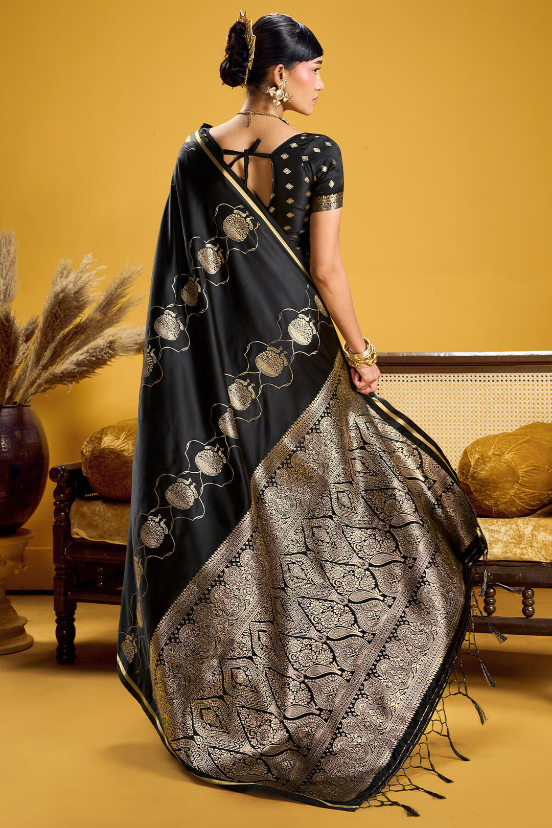 Onyx Black Zari Woven Banarasi Satin Silk Saree