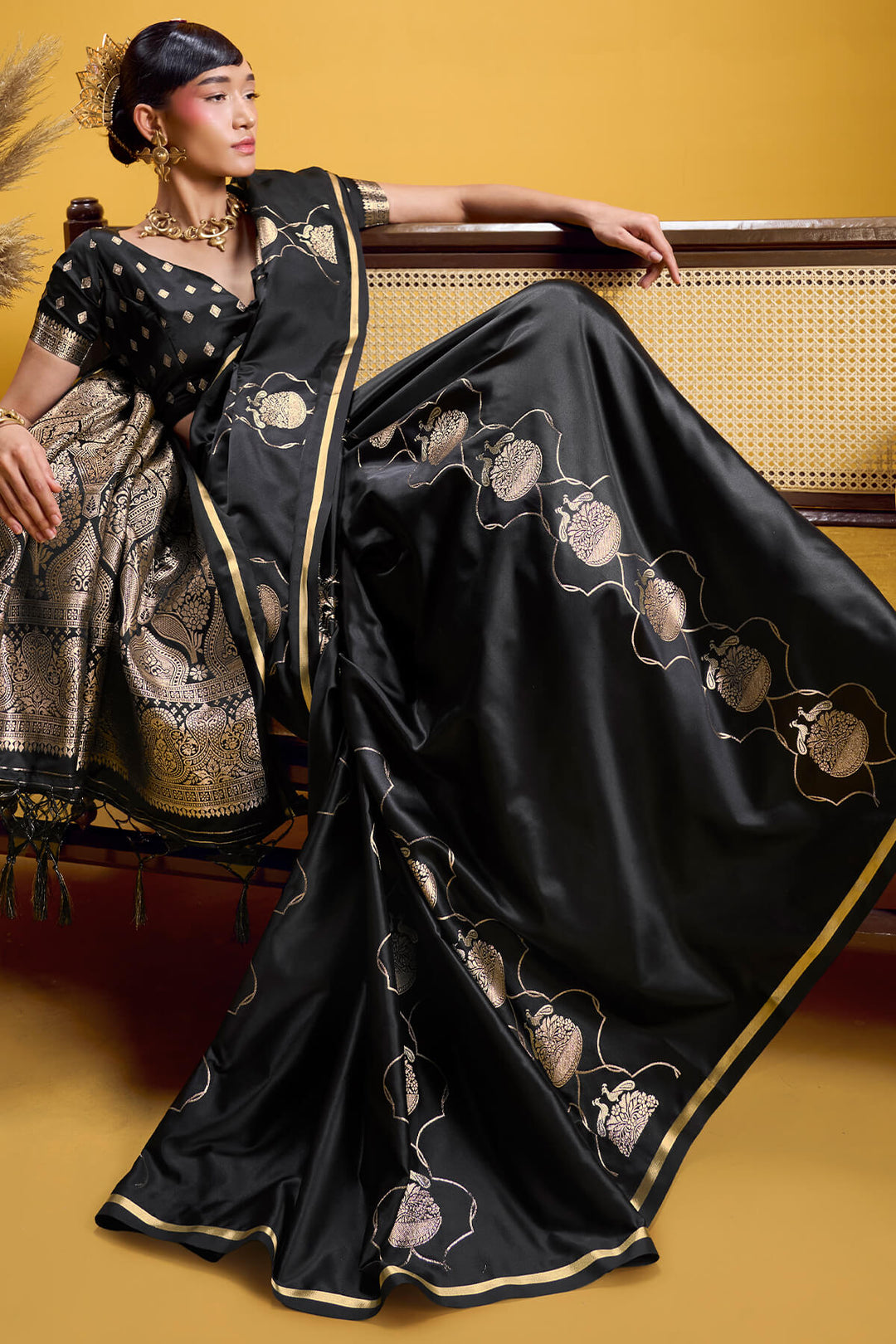 Onyx Black Zari Woven Banarasi Satin Silk Saree