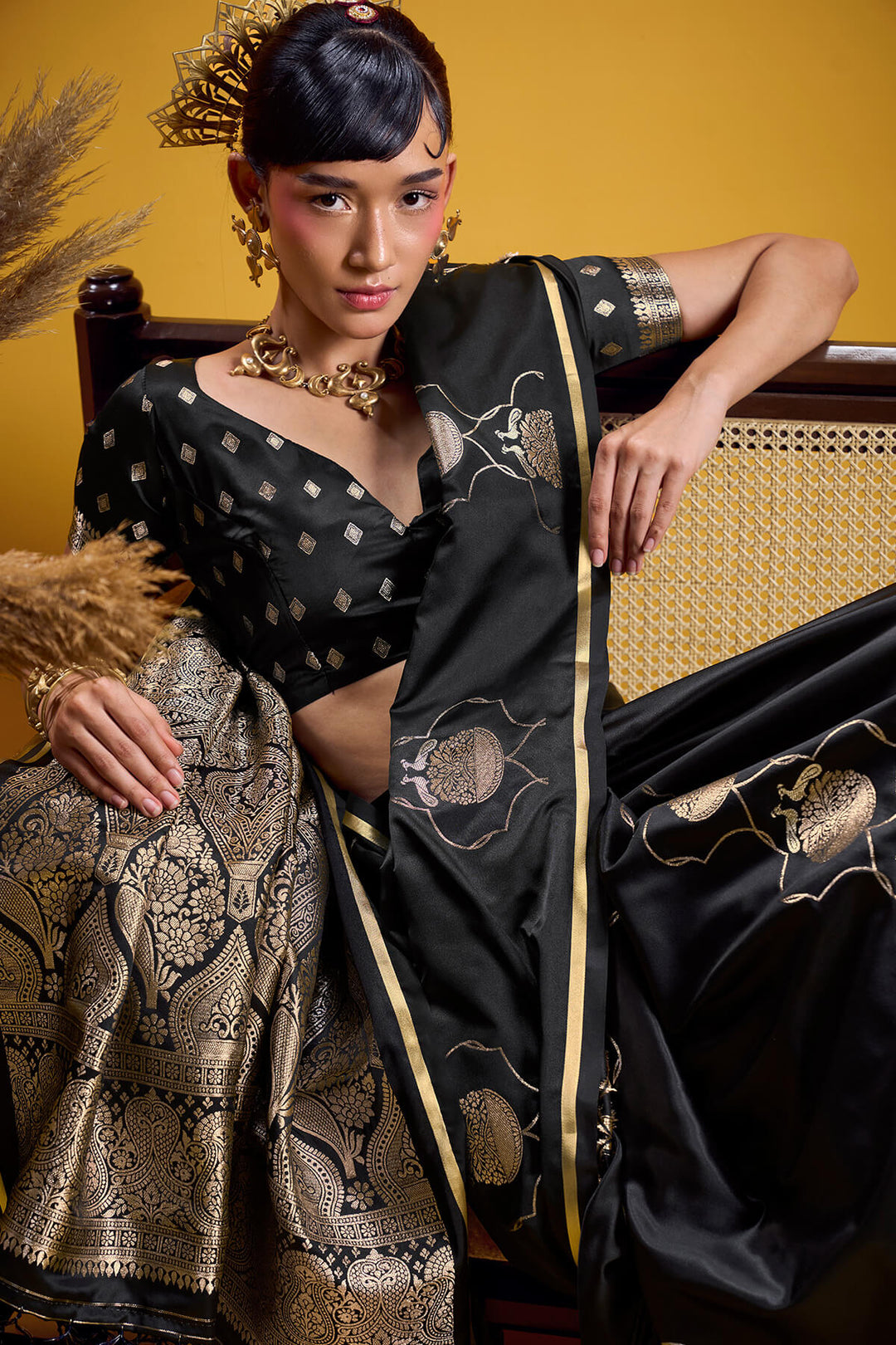 Onyx Black Zari Woven Banarasi Satin Silk Saree