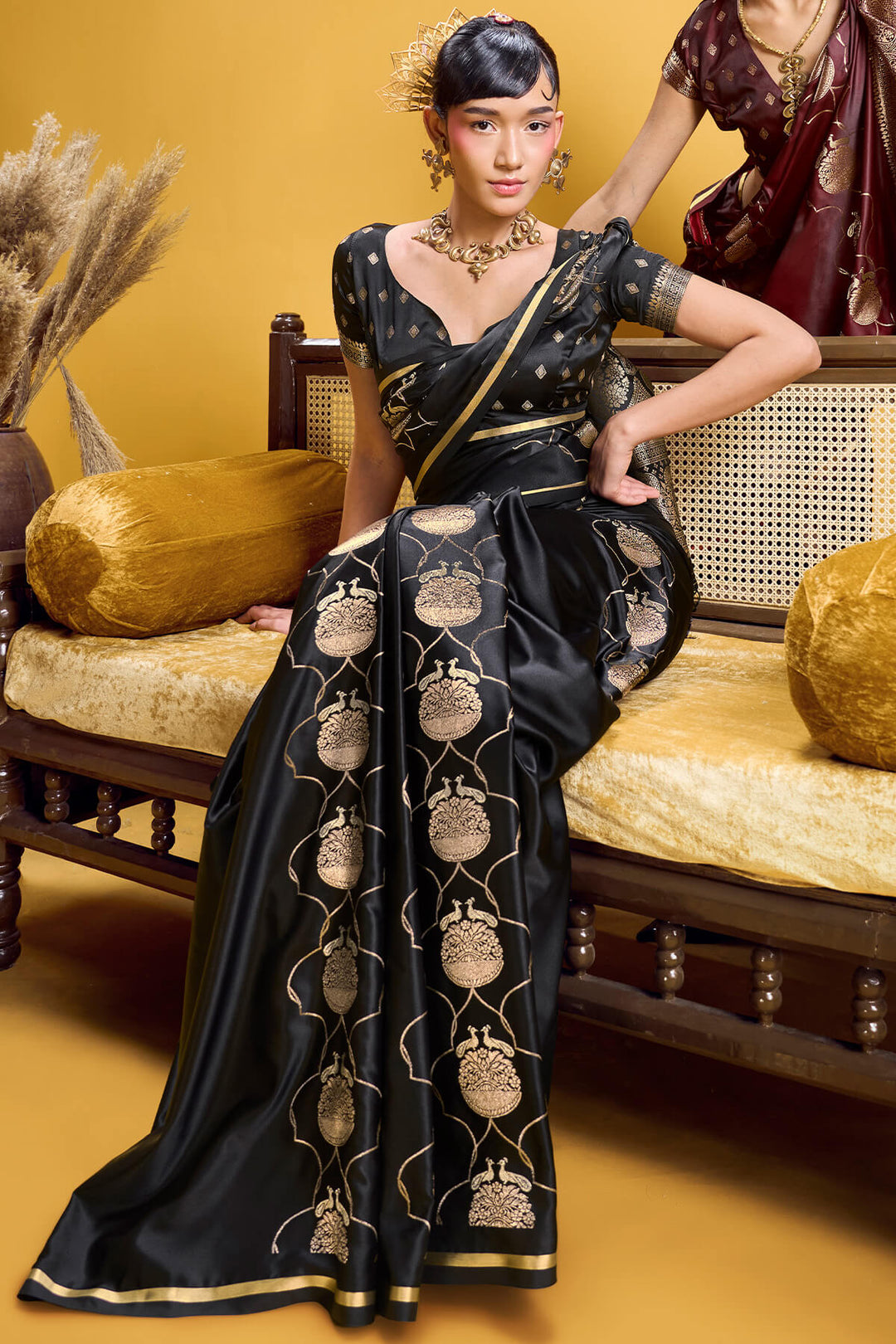 Onyx Black Zari Woven Banarasi Satin Silk Saree