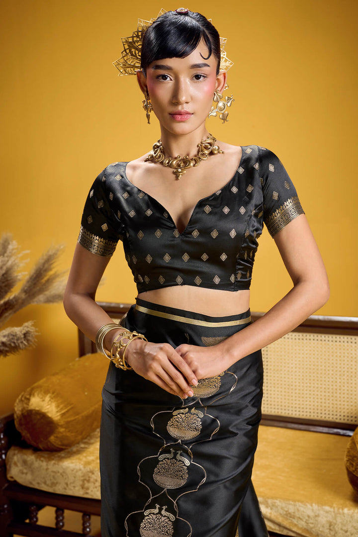 Onyx Black Zari Woven Banarasi Satin Silk Saree