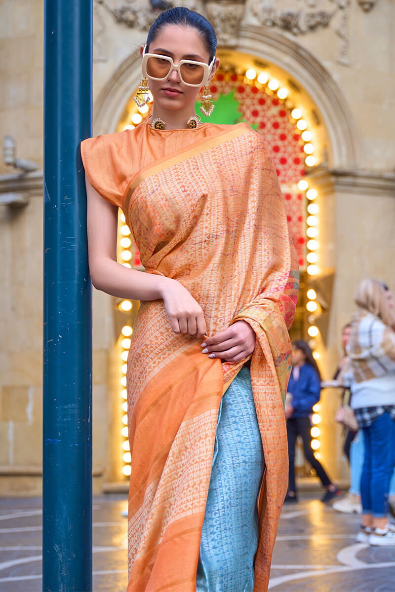 Orange and Blue Printed Handloom Weaving Silk Saree