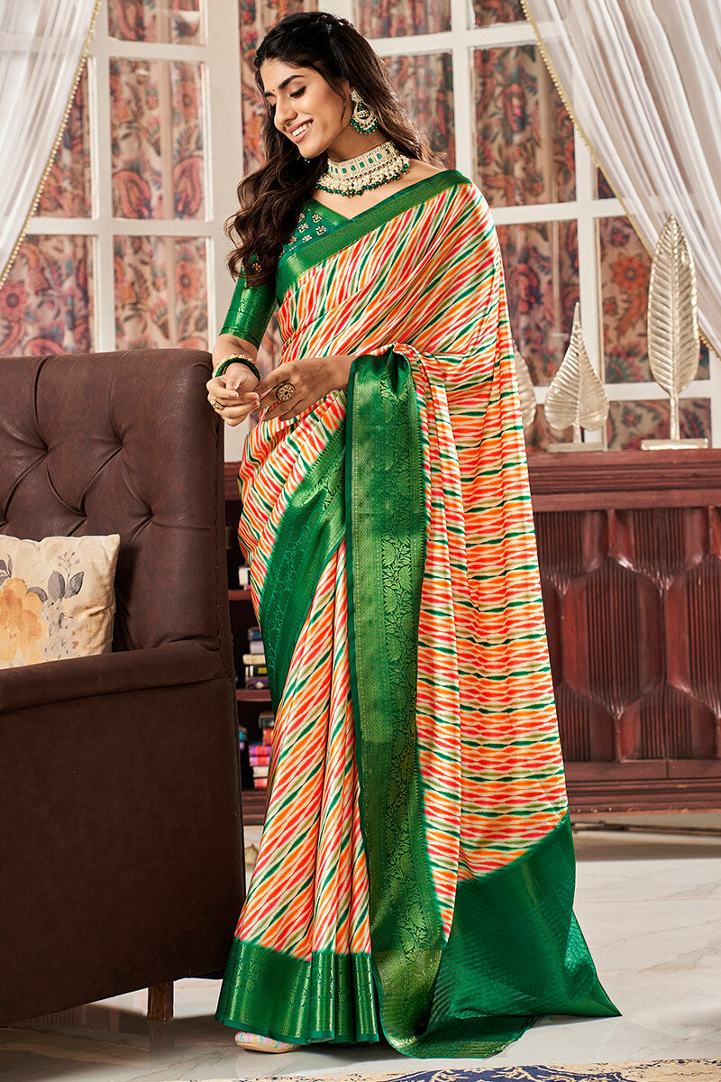 Orange and Green Printed Satin Silk Saree