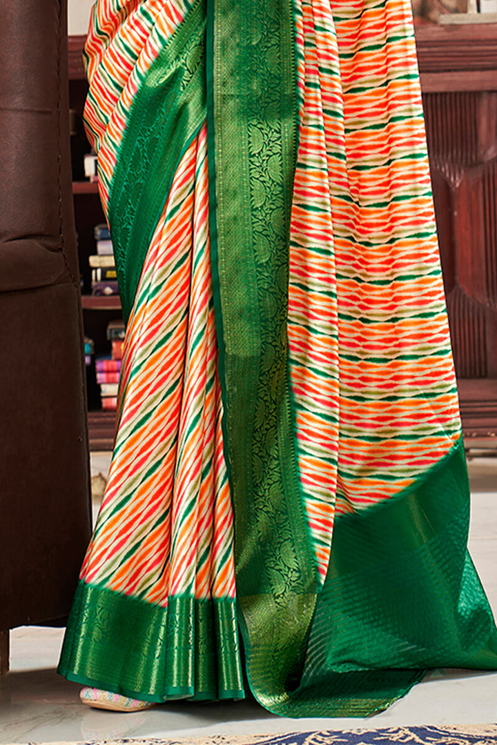 Orange and Green Printed Satin Silk Saree