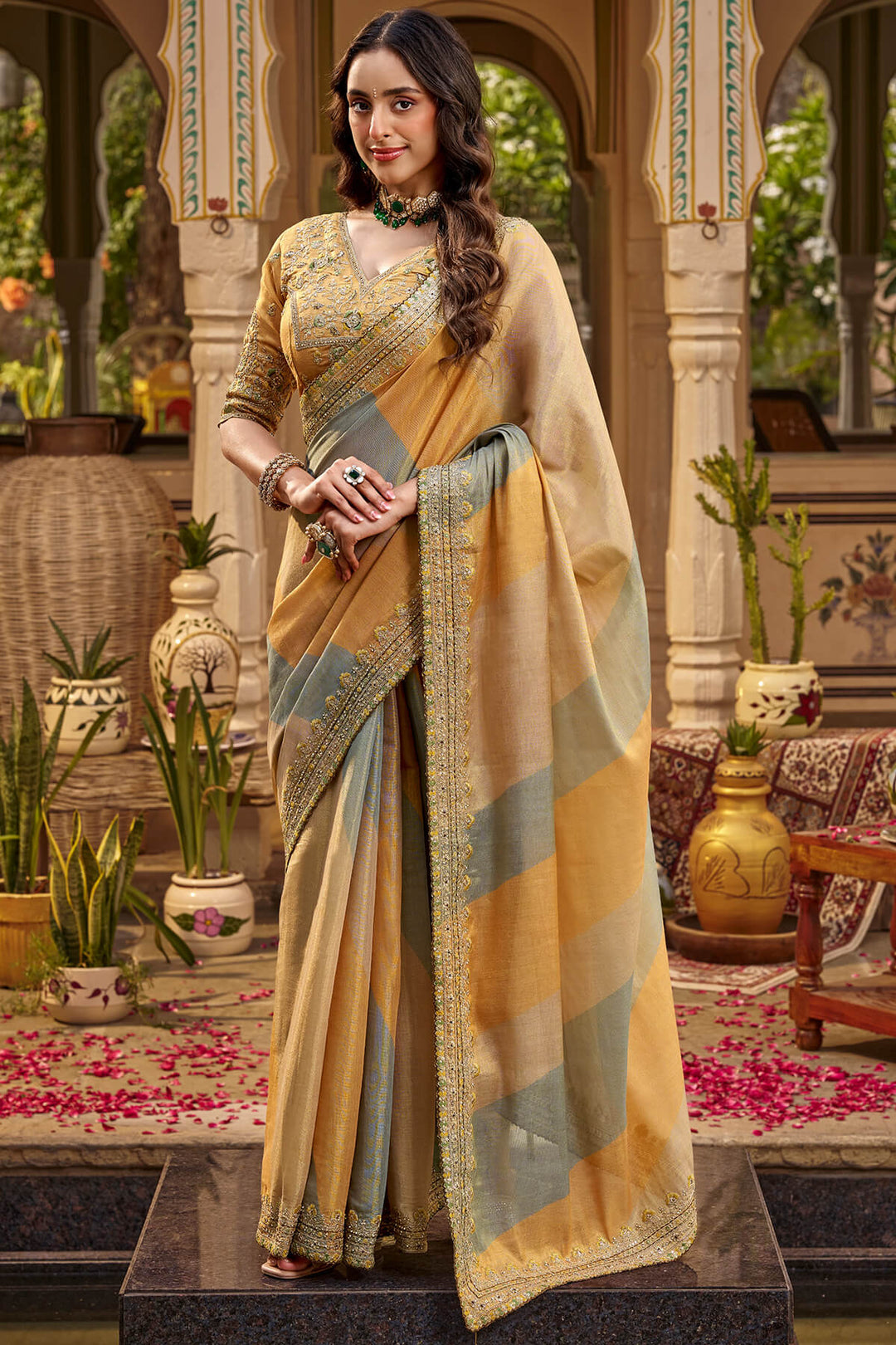 Orange and Grey Hand Work Viscose Saree with Stiched Blouse