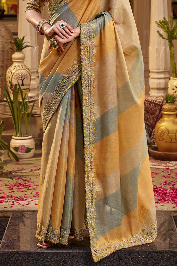 Orange and Grey Hand Work Viscose Saree with Stiched Blouse