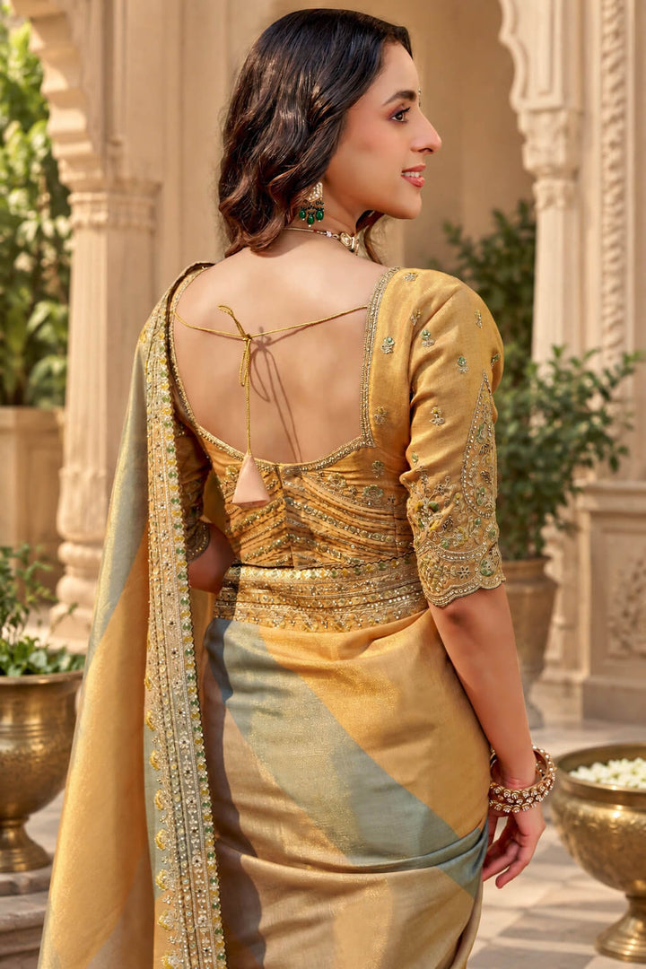 Orange and Grey Hand Work Viscose Saree with Stiched Blouse