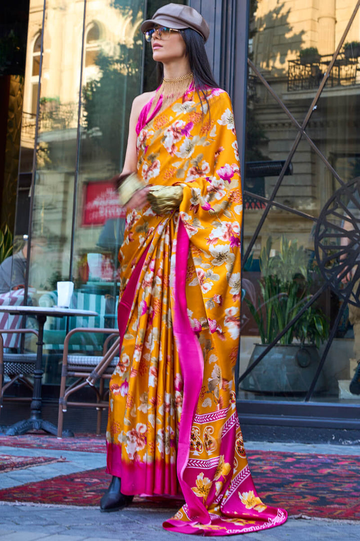 Orangey Yellow Printed Satin Silk Saree