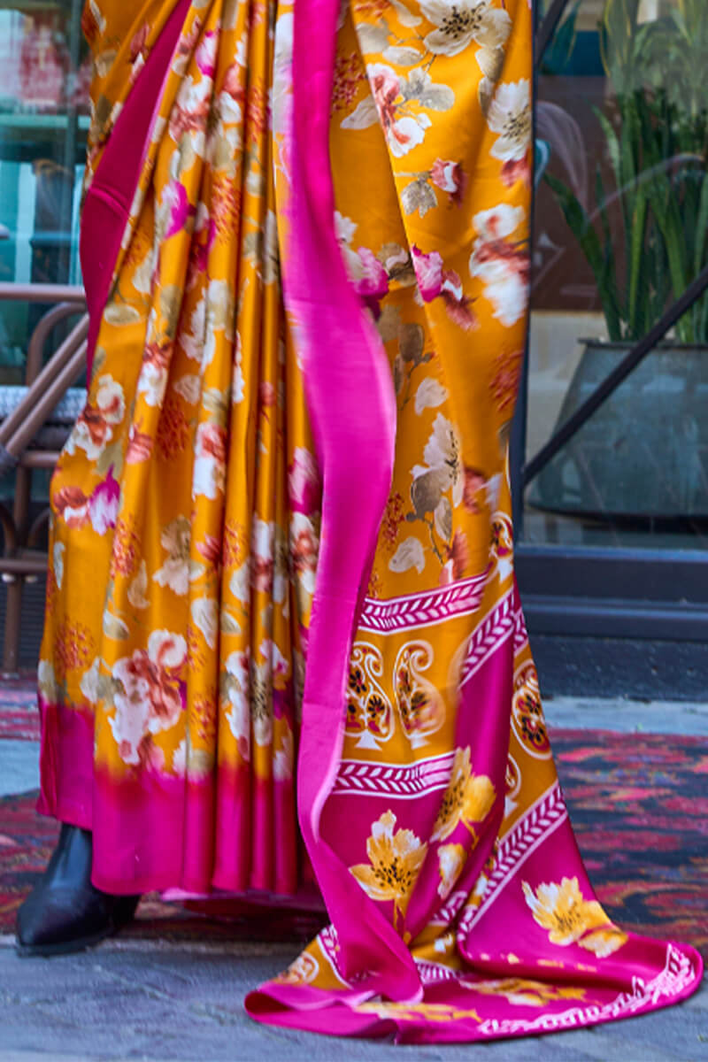 Orangey Yellow Printed Satin Silk Saree