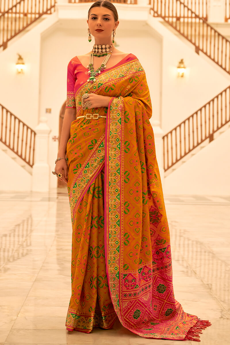 Orangey Yellow Woven Patola Silk Saree