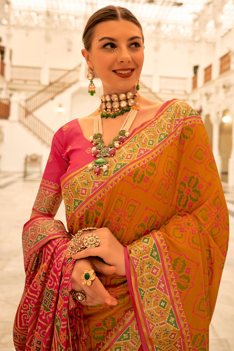 Orangey Yellow Woven Patola Silk Saree