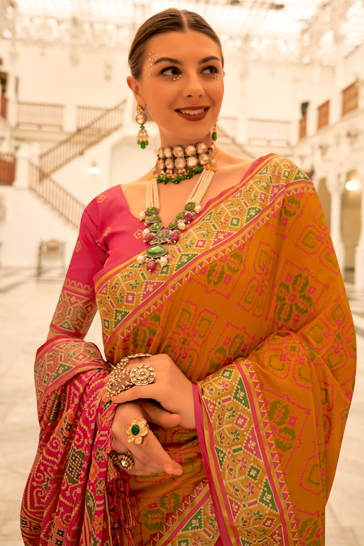 Orangey Yellow Woven Patola Silk Saree