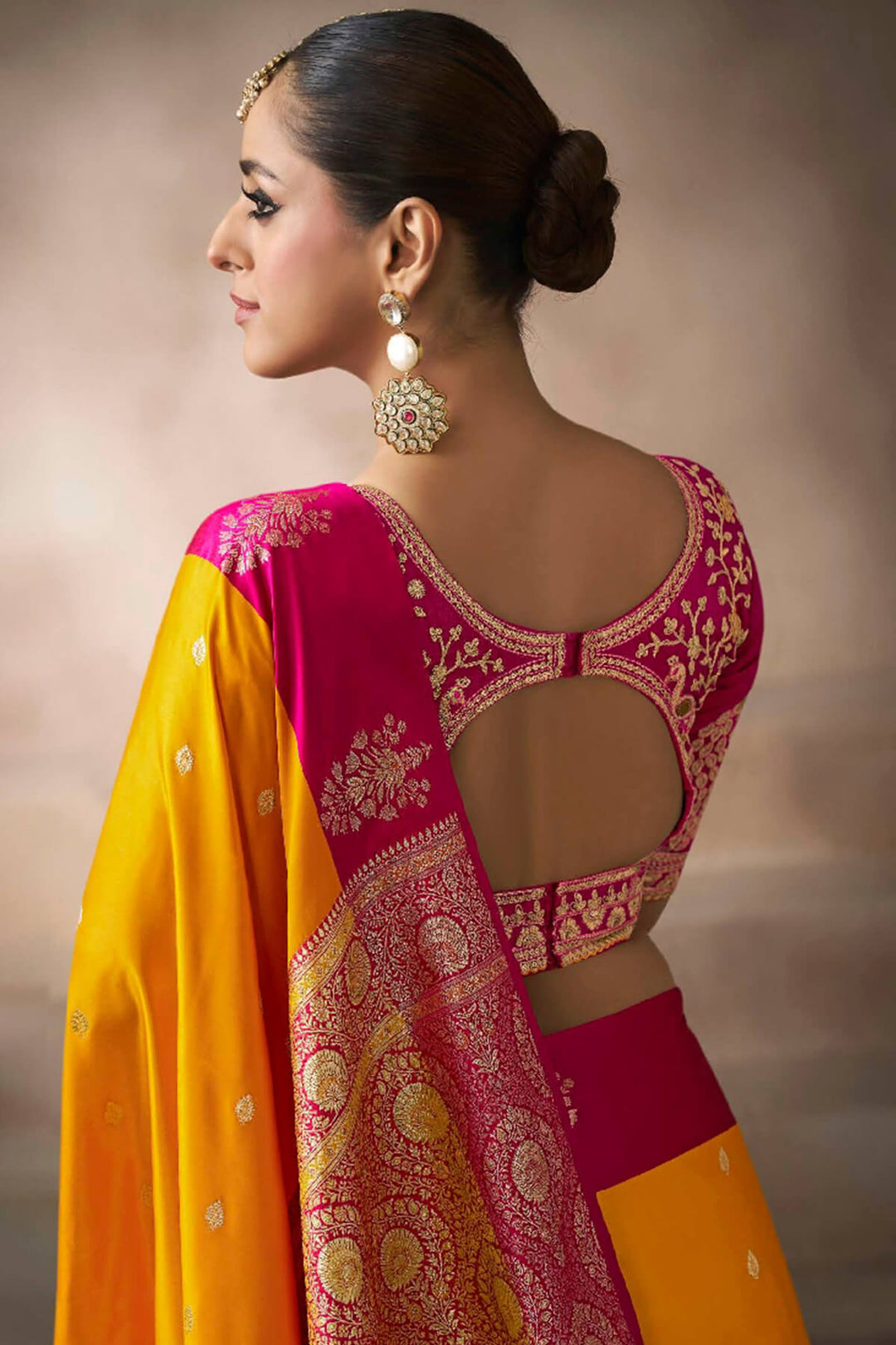 Orangey Yellow Zari Woven Satin Silk Saree With Heavy Embroidery Blouse Piece