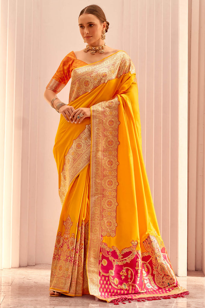 Orangey Yellow Zari Woven Soft Banarasi Silk Saree