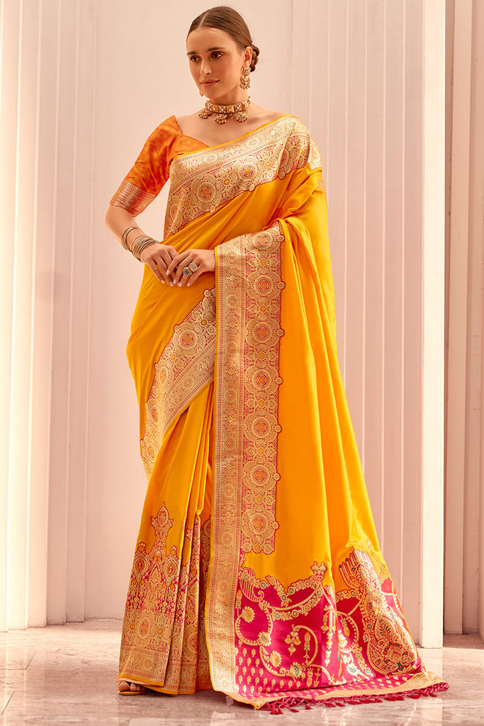 Orangey Yellow Zari Woven Soft Banarasi Silk Saree