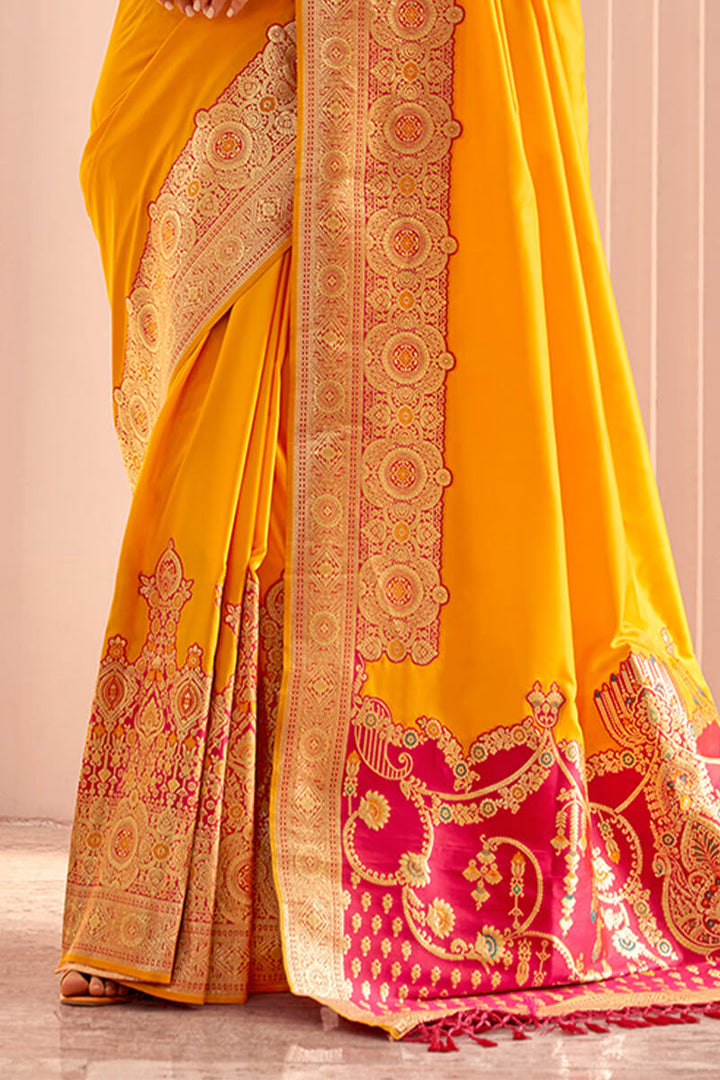 Orangey Yellow Zari Woven Soft Banarasi Silk Saree