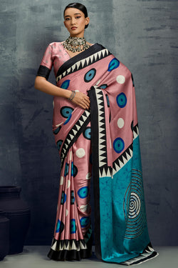 Oriental Pink Ajrakh Printed Satin Crepe Silk Saree