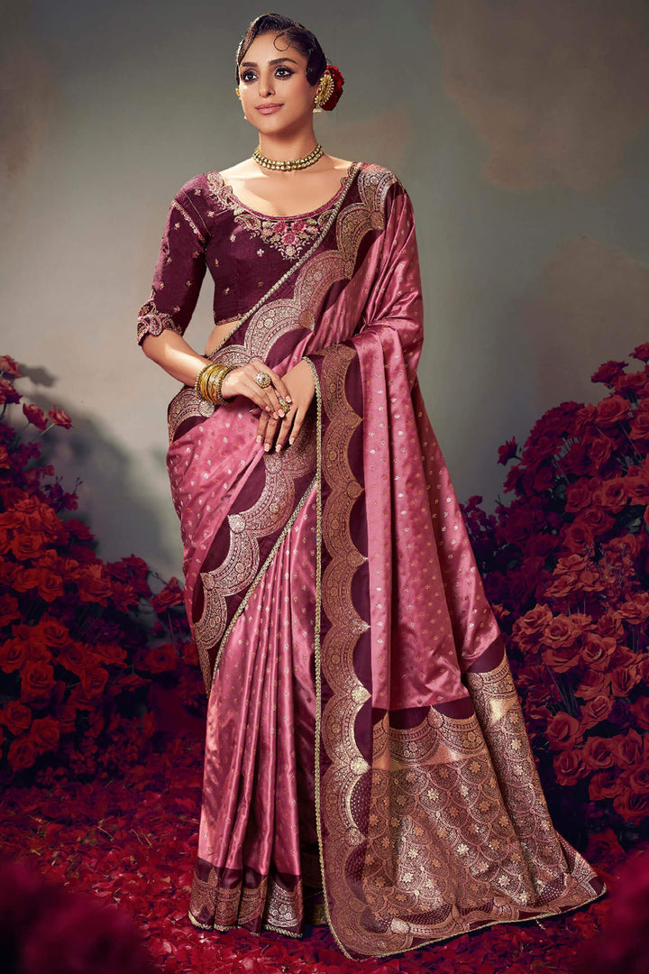 Oriental Pink Banarasi Satin Silk Saree With Fancy Lace Border and Embroidery Blouse