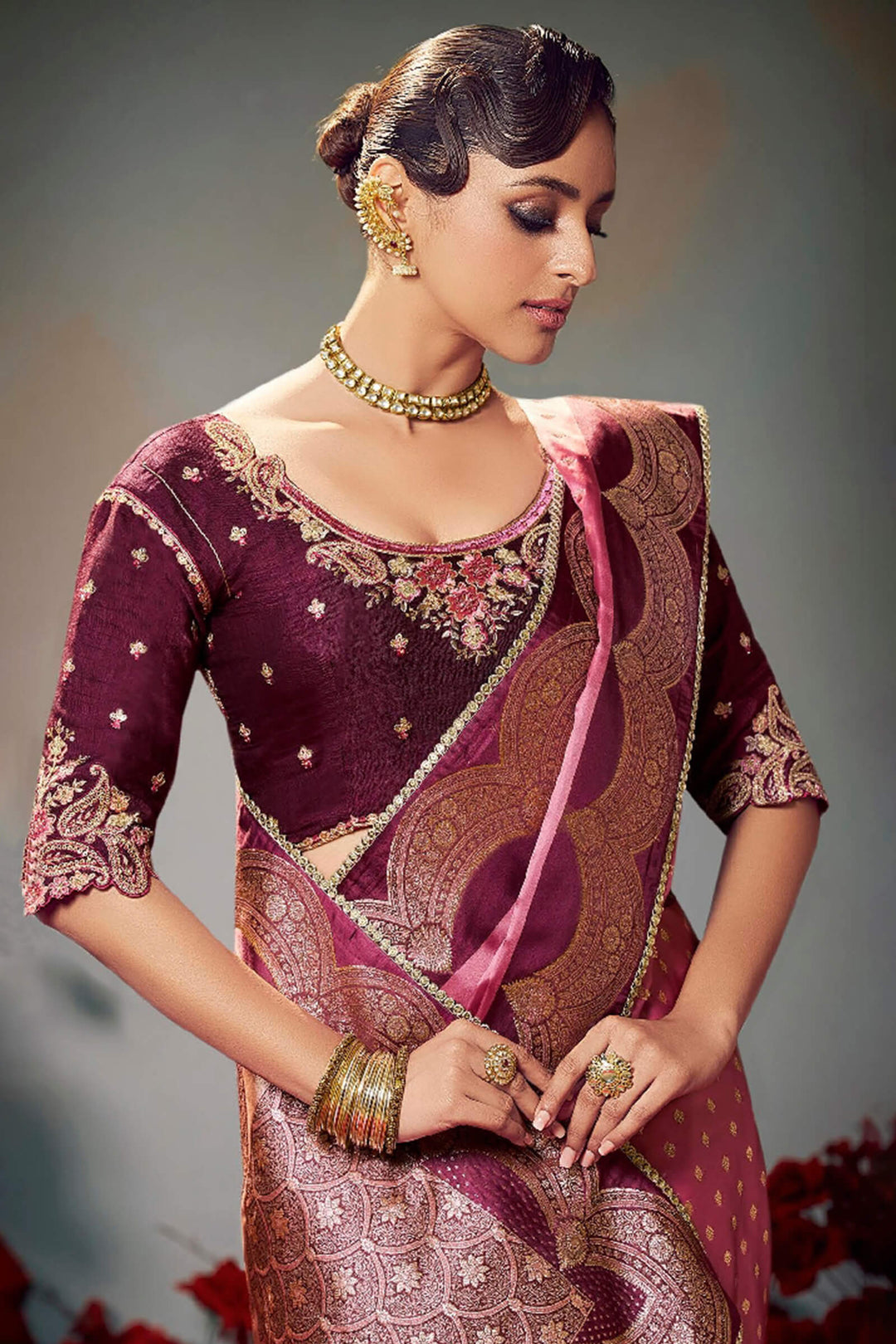 Oriental Pink Banarasi Satin Silk Saree With Fancy Lace Border and Embroidery Blouse