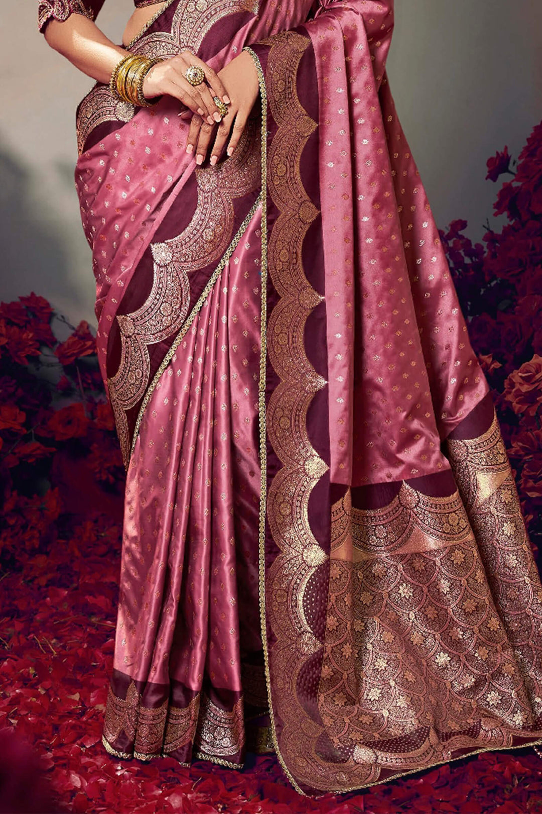 Oriental Pink Banarasi Satin Silk Saree With Fancy Lace Border and Embroidery Blouse