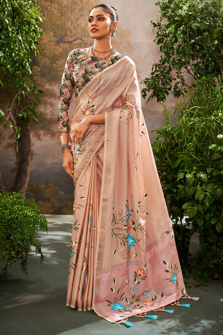 Oriental Pink Brush Printed Linen Tissue Silk Saree