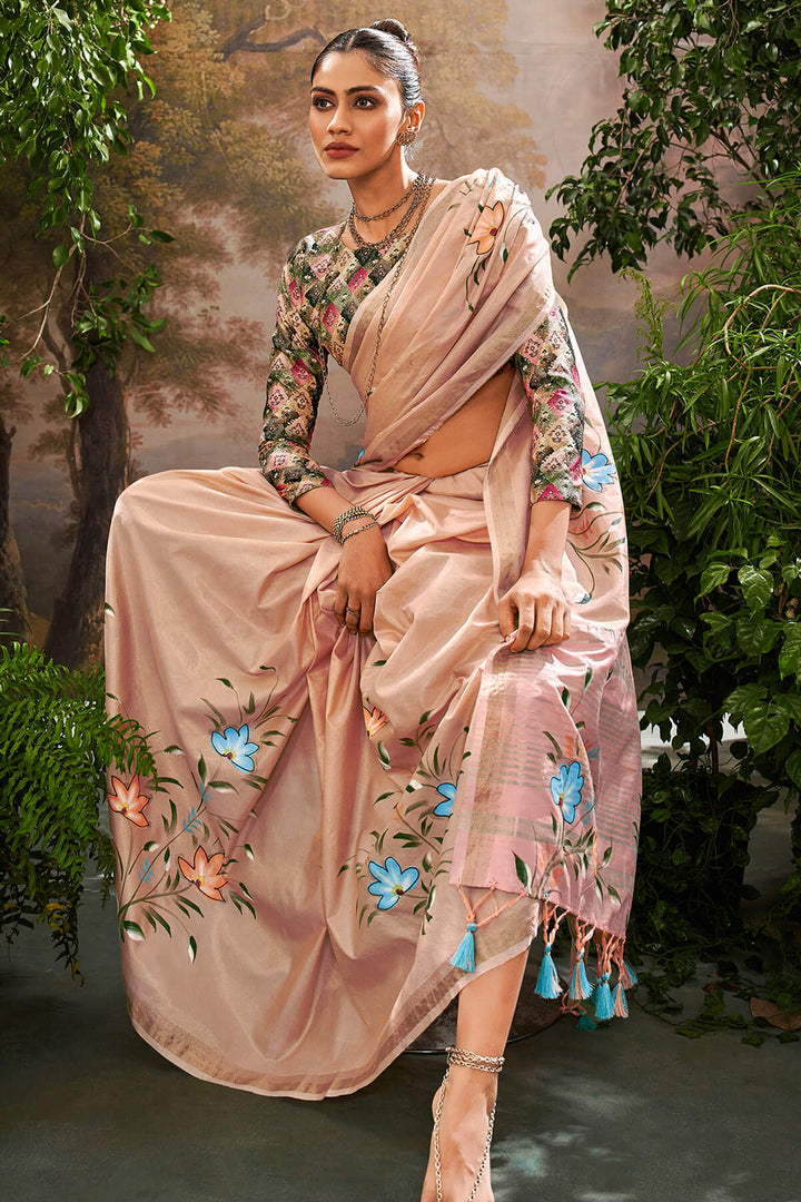 Oriental Pink Brush Printed Linen Tissue Silk Saree