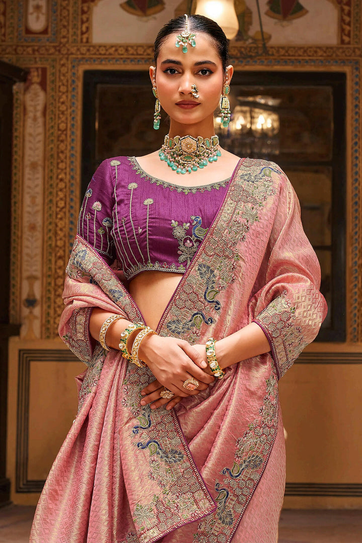 Oriental Pink Embroidery Work Tissue Silk Saree