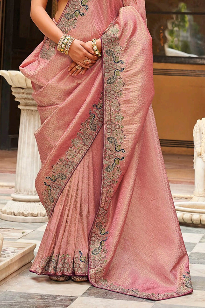 Oriental Pink Embroidery Work Tissue Silk Saree