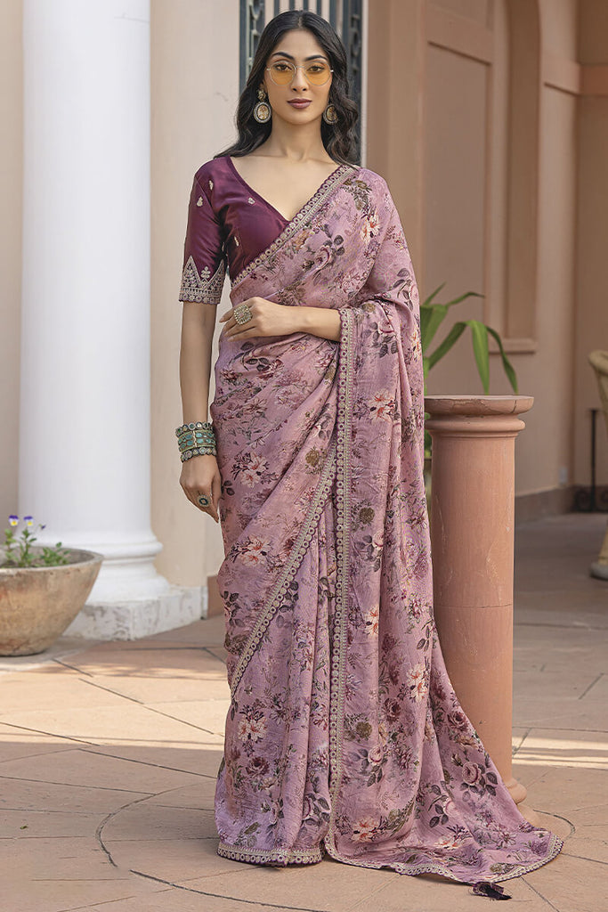 Oriental Pink Printed Pure Viscose Dola Silk Saree