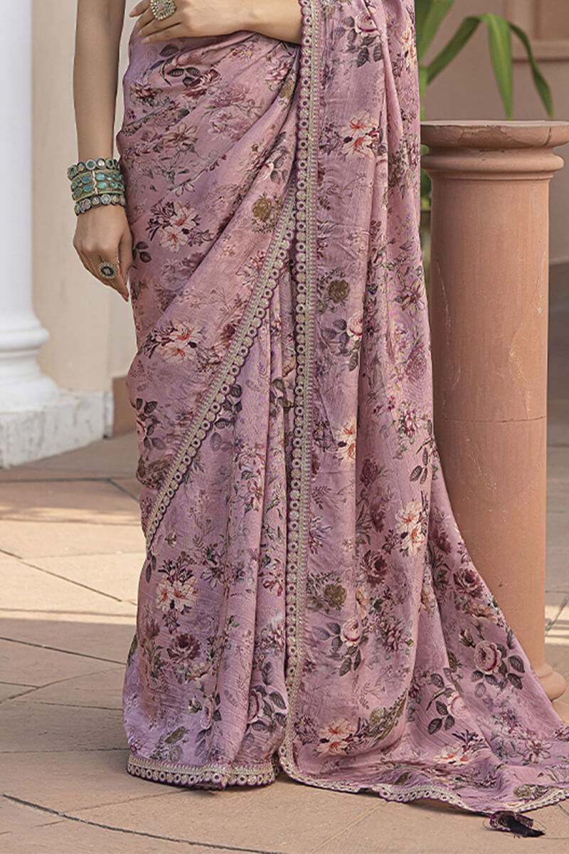 Oriental Pink Printed Pure Viscose Dola Silk Saree