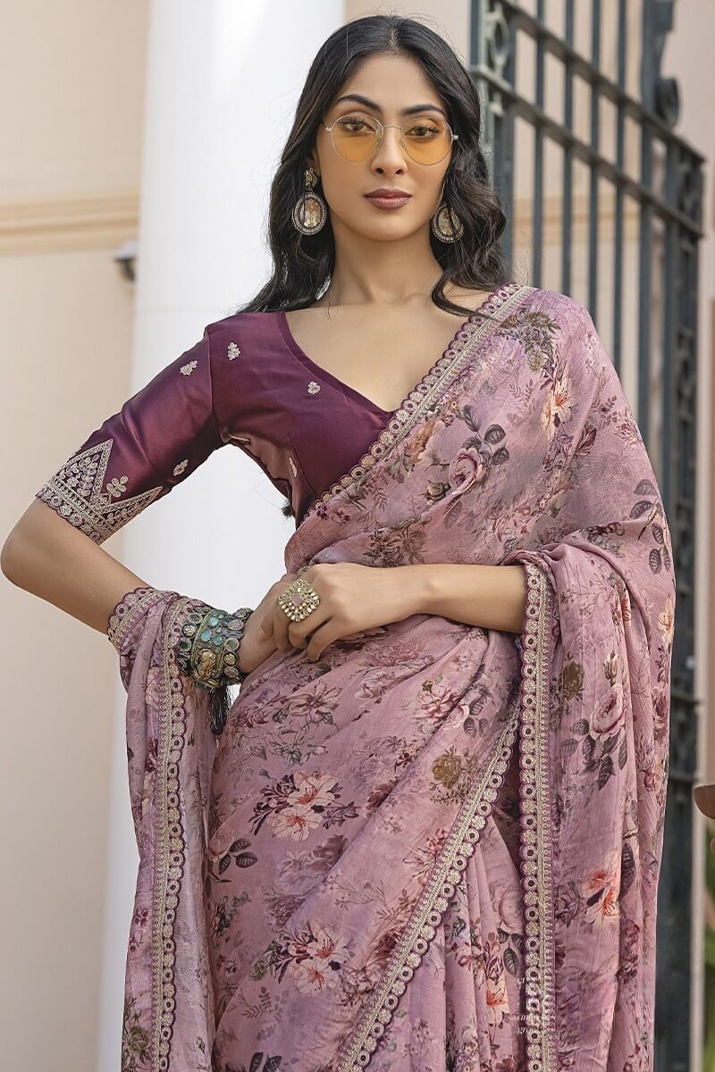 Oriental Pink Printed Pure Viscose Dola Silk Saree