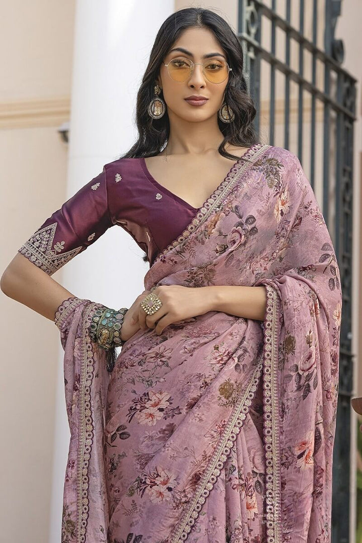 Oriental Pink Printed Pure Viscose Dola Silk Saree