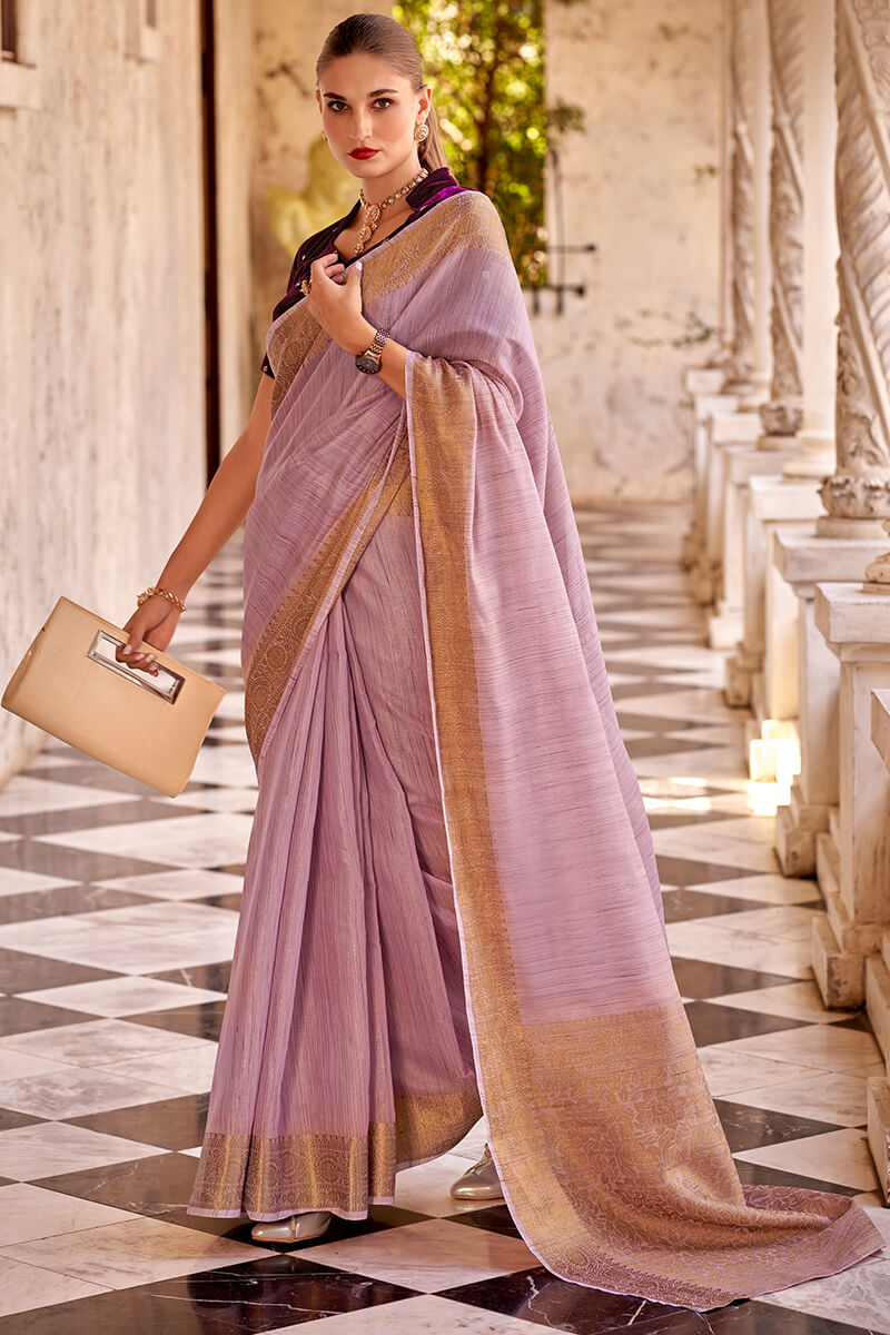 Oriental Pink Tissue Linen Saree With Two Blouse Piece