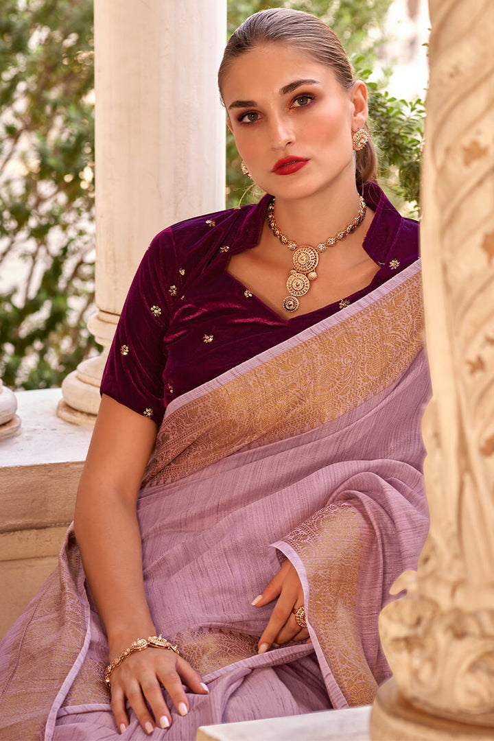 Oriental Pink Tissue Linen Saree With Two Blouse Piece