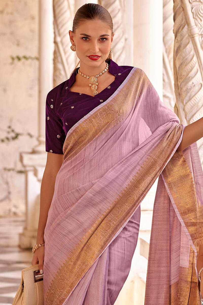 Oriental Pink Tissue Linen Saree With Two Blouse Piece