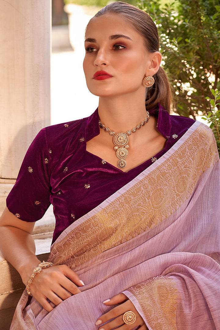 Oriental Pink Tissue Linen Saree With Two Blouse Piece