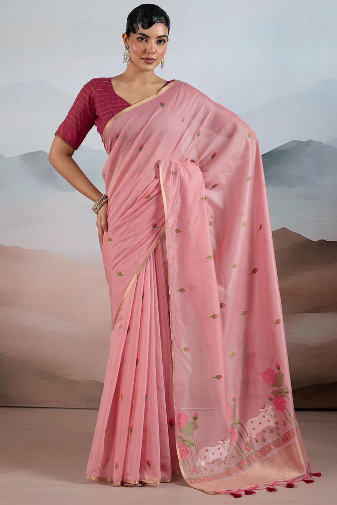 Oriental Pink Woven Spun Cotton Saree