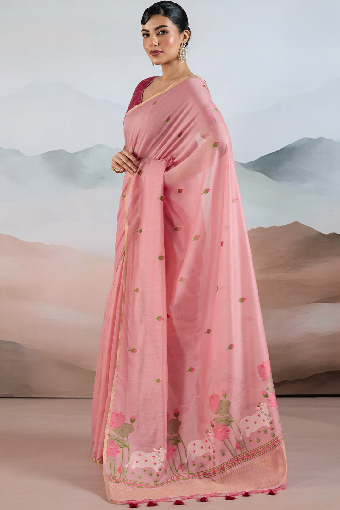 Oriental Pink Woven Spun Cotton Saree