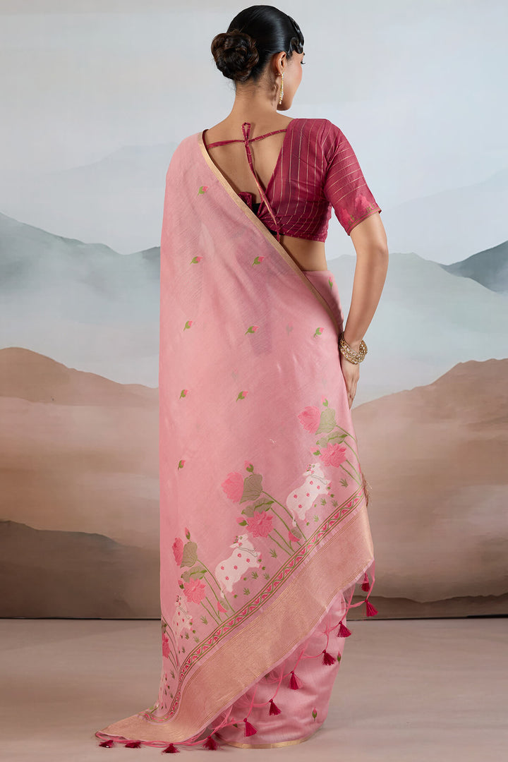 Oriental Pink Woven Spun Cotton Saree