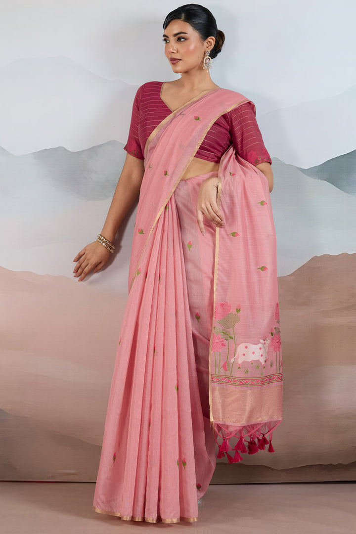 Oriental Pink Woven Spun Cotton Saree