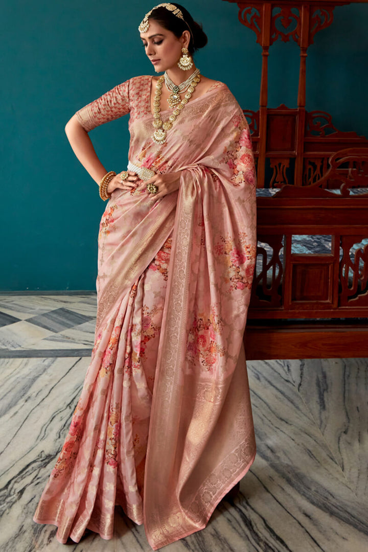 Oriental Pink Zari Woven Floral Printed Silk Saree