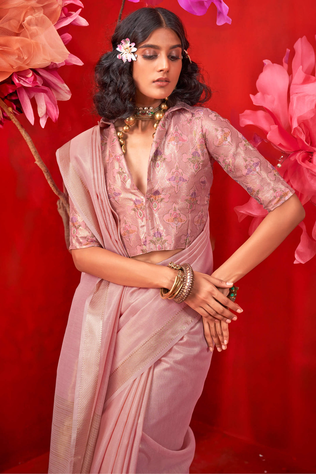 Oriental Pink Zari Woven Pure Tissue Silk Saree