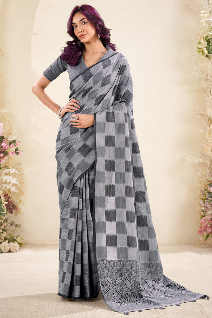 Oslo Grey Zari Woven Linen Silk Saree