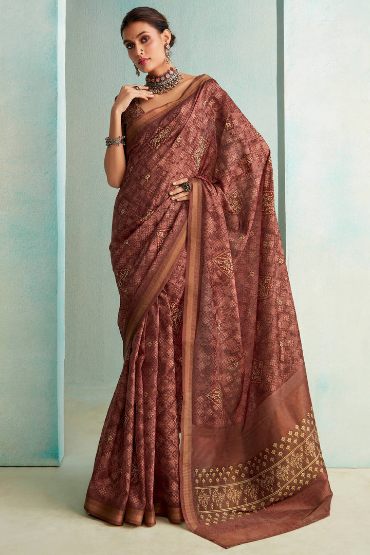 Otter Brown Handloom Woven Digital Printed Soft Silk Saree