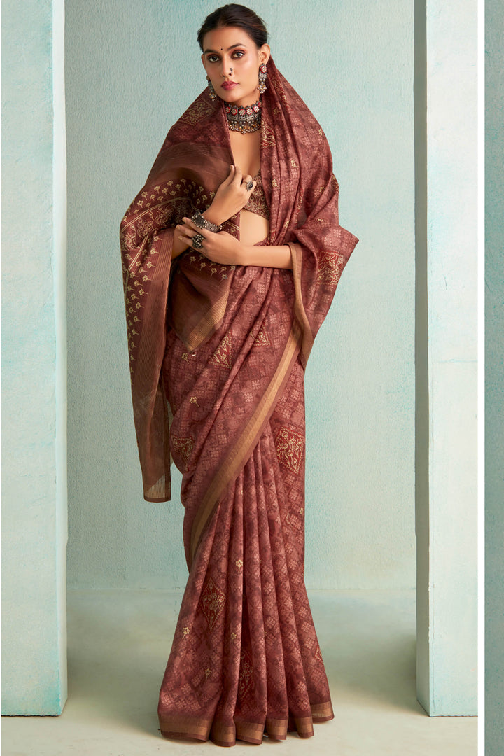 Otter Brown Handloom Woven Digital Printed Soft Silk Saree
