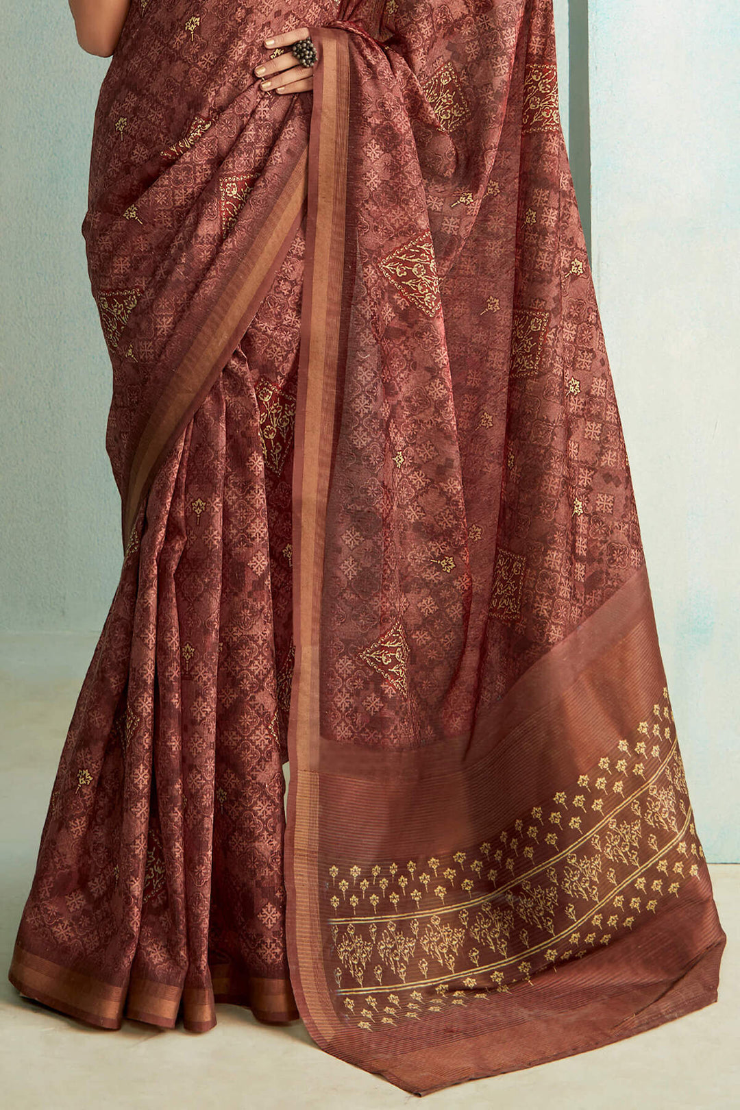 Otter Brown Handloom Woven Digital Printed Soft Silk Saree